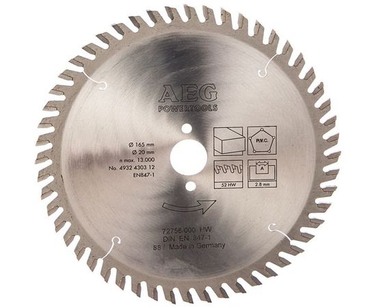 Диск пильный по дереву (165x20 мм; 52Z) AEG 4932430312 