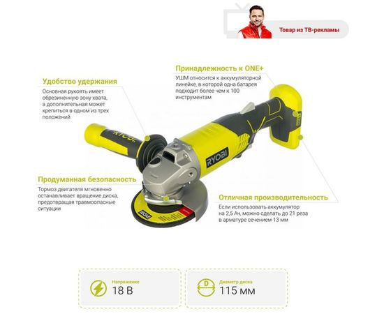 Аккумуляторная угловая шлифмашина Ryobi ONE+ R18AG-0 5133001903 – изображение 14