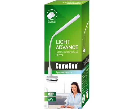 Настольный светильник, чёрный, LED, 6Вт, зажим-струбцина, 230В, сенсорное включение, 4 уровня яркости, 4000К Camelion KD-793 C02 12491 – изображение 4