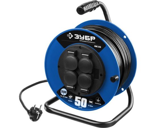 Удлинитель на катушке ЗУБР "ПВС 315", 50 м, 3500 Вт, 4 гнезда, IP44, ПВС 3х1,5 кв мм, 55081-50 