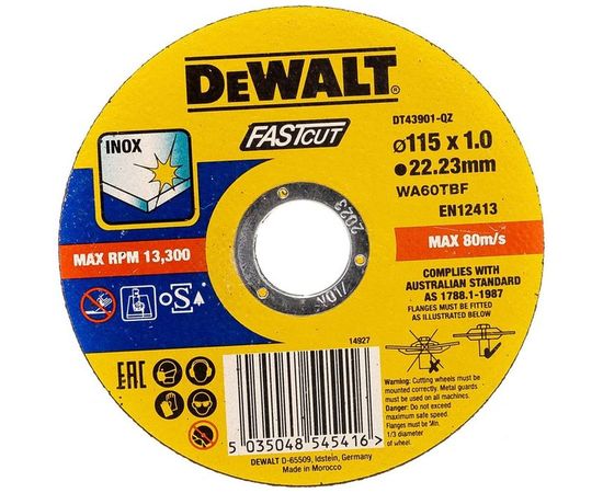 Круг отрезной по нержавеющей стали для быстрого реза (115x22.2x1 мм, тип 4) DEWALT DT43901 