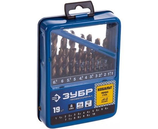 Набор сверл по металлу (19 шт., 1-10 мм, сталь Р6М5К5, класс А) Зубр 29626-H19 – изображение 3