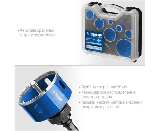 Набор алмазных коронок ЗУБР Профессионал 7 шт.: диам. 20, 25, 32, 35, 40, 50, 68, 60-100Р 29870-H7_z01 – изображение 5