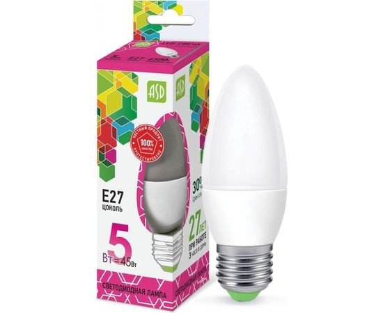 Светодиодная лампа ASD LED-СВЕЧА-std 5Вт 230В Е27 6500К 450Лм 4690612034096 