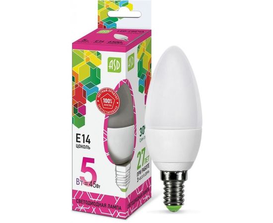 Светодиодная лампа ASD LED-СВЕЧА-std 5Вт 230В Е14 6500К 450Лм 4690612034072 