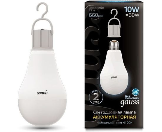 Лампа Gauss LED A60 10W E27 660lm 4100K с Li-Ion аккумулятором 102402200 