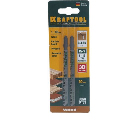 Полотно Kraftool для электролобзика по дереву 90x3 мм чистый рез 2 шт. EU T234X 159506-U 