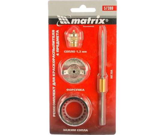 Ремкомплект 4 предмета (сопло 1.2 мм; игла; форсунка; зажим сопла) для краскораспылителя MATRIX 57380 – изображение 2