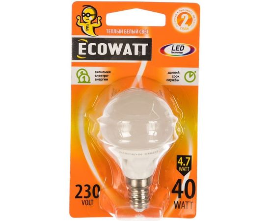 Светодиодная лампа ECOWATT P45 230В 4.7W 2700K E14 теплый белый свет, шарик 4606400613336 – изображение 2