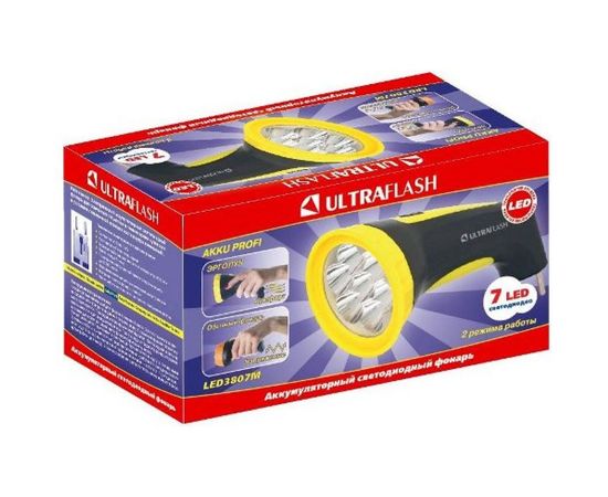 Аккумулятор фонарь Ultraflash LED3807M 220В, черный/желтый, 7 LED, 2 режима, SLA, пластик, коробка 12868 – изображение 2