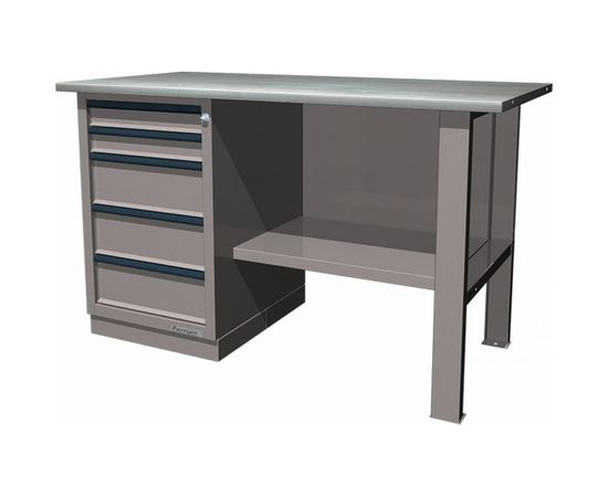 Верстак FERRUM 1-тумб, тумба с 5 ящиками, стол. оцинк., серый металлик 01.105L-G9007 