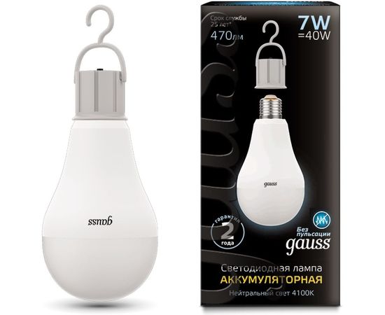 Лампа Gauss LED A60 7W E27 470lm 4100K с Li-Ion аккумулятором 102402207 