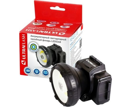Налобный аккумуляторный фонарь Ultraflash LED5368 220В черный 1 Ватт LED+1,5Ватт COB, 2 режима 14452 