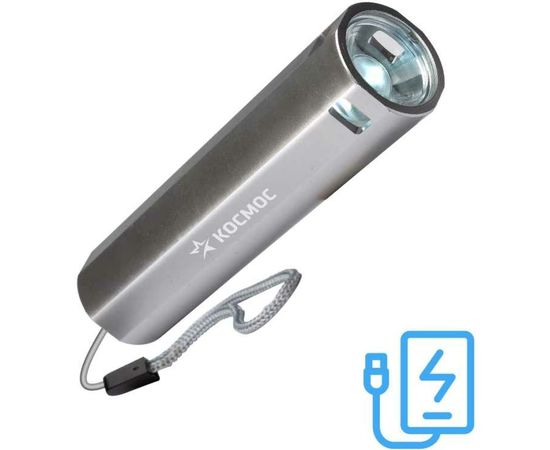 Ручной аккумуляторный фонарь КОСМОС 1Вт LED, линза, Li-ion 18650, 1200mAh, Power-bank, ABS-пластик, USB-шнур KOS116Lit 