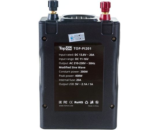 Автомобильный инвертор TopOn 200 Вт, 1 розетка, 2 USB, LCD экран, пиковая мощность 400 Вт, черный TOP-PI201 – изображение 5