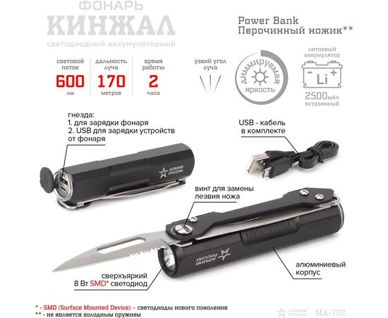 Светодиодный ручной аккумуляторный фонарь ЭРА АРМИЯ РОССИИ MA-702 Кинжал с диммером PowerBank, Б0036610 – изображение 2