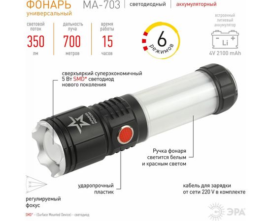 Светодиодный ручной аккумуляторный фонарь ЭРА АРМИЯ РОССИИ MA-703 Тайфун 10Вт 6 режимов Li аккумулятор магнит крючок Б0052320 – изображение 2