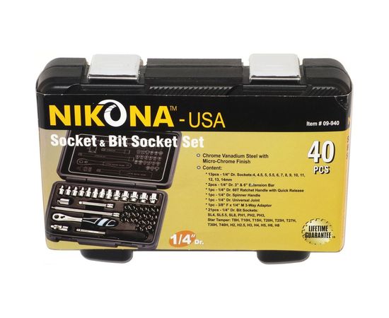 Набор торцевых головок и бит NIKONA с трещотками, 40пр., 1/4"", 4-14мм, в пластиковом ящике 09-940 – изображение 2