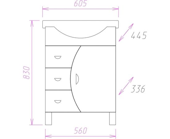 Тумба с раковиной ONIKA ЛУНА 60.106 3 ящика 106005 – изображение 4