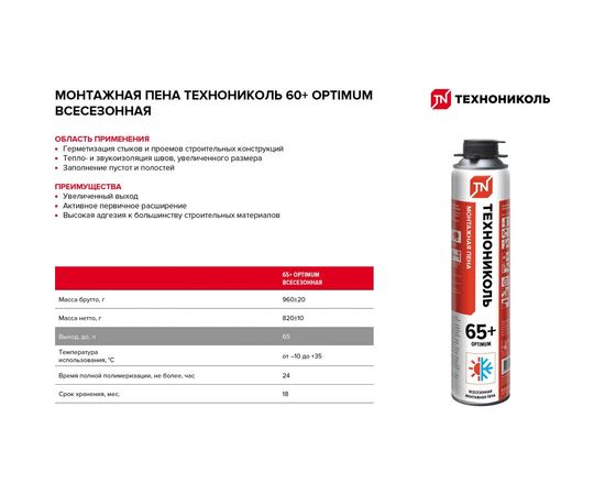 Монтажная пена Технониколь 65+ OPTIMUM всесезонная TN625537 – изображение 3