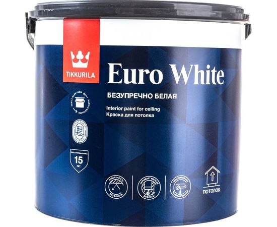 Краска TIKKURILA EURO WHITE безупречный потолок, для потолка, глубокоматовая, белая 2,7л 700009609 