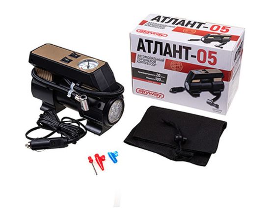 Компрессор SKYWAY АТЛАНТ-05 пластиковый, 20 л/мин, в прикуриватель, 3 вида насадок, 7 атм, с фонарем S02002005 