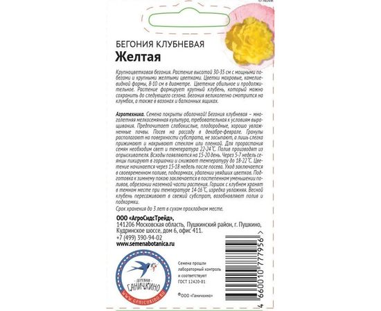 Семена ОКТЯБРИНА ГАНИЧКИНА Бегония клубневая Желтая 6 шт. 118853 – изображение 2