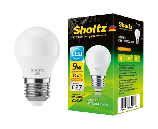 Светодиодная лампа Sholtz шар 9Вт E27 2700К 220В LEB3027 1001196249 
