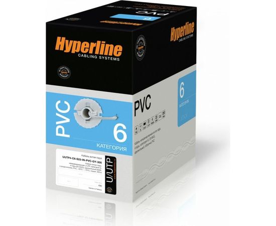 Кабель Hyperline UUTP4-C6-S23-IN-PVC-GY-305, 305 м, витая пара, неэкранированная, U/UTP, категория 6, 4 пары, 23 AWG, одножильный solid, с разделителем, PVC, 20 град, 75 град – изображение 2