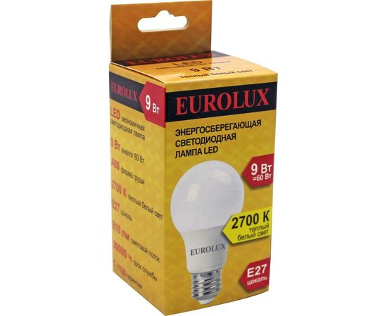 Светодиодная лампа Eurolux LL-E-A60-9W-230-2,7K-E27/груша, 9Вт, теплый белый, Е27 76/2/13 – изображение 3
