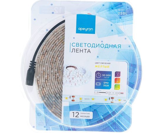 Светодиодная лента APEYRON в блистере, 12В, 4,8Вт/м, smd 3528, 60 д/м, IP65, 5м, желтый 05BL – изображение 4