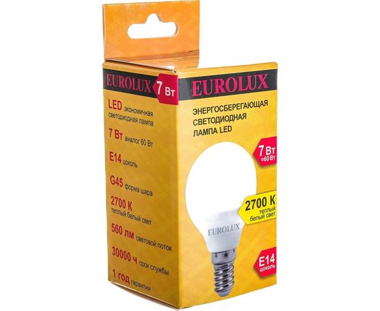 Светодиодная лампа Eurolux LL-E-G45-7W-230-2,7K-E14/шар, 7Вт, теплый белый, Е14 76/2/5 – изображение 5