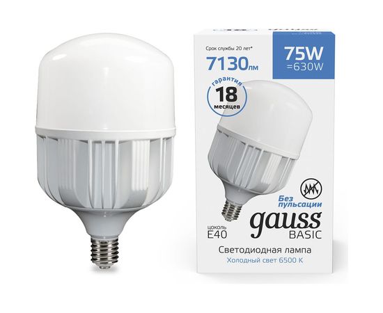 Лампа Gauss Basic, T140, AC180-240V, 75W, 7130lm, 6500K, E40, LED, 1/12 11734382 