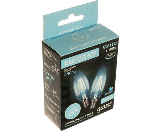 Лампа Свеча E14 5W 4100К 2 лампы в упаковке Gauss Filament 103801205P – изображение 2