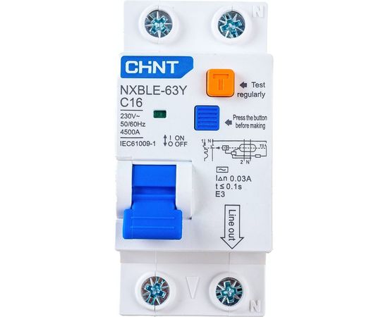 Дифференциальный автоматический выключатель CHINT, NXBLE-63Y, 1P+N, 16А, 30mA, электронный тип AС, характеристика С, 4.5kA 105542 