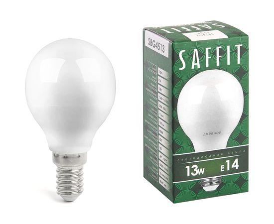 Светодиодная лампа SAFFIT SBG4513, G45 шар, 13W 230V E14 6400К, 1070Lm, угол рассеивания 220 55159 