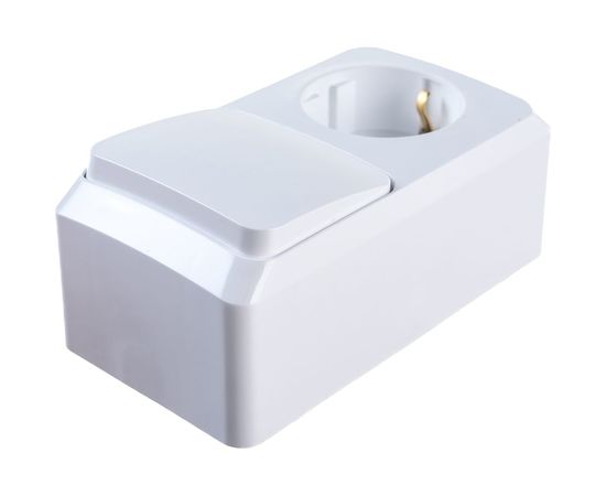 Блок 1-местная розетка + 1-клавишный выключатель Schneider Electric открытой проводки Этюд с заземлением защитные шторки белый BPA16-201B – изображение 3