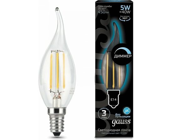 Лампа Gauss LED Filament Свеча на ветру dimmable E14 5W 450lm 4100K 104801205-D 