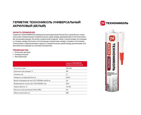 Универсальный акриловый герметик Технониколь белый, 280 мл TN667562 – изображение 3