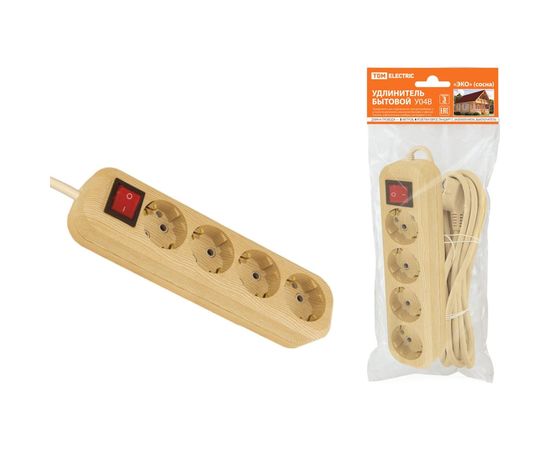 Бытовой удлинитель TDM У04В, 4 гнезда, 5метров, 2П+3, ПВС 3х1мм2 Эко сосна 16А/250В SQ1303-2112 