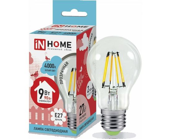 Светодиодная лампа IN HOME LED-A60-deco 9Вт 230В Е27 4000К 810Лм прозрачная 4690612008073 – изображение 3
