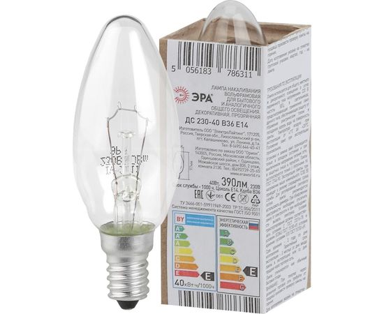 Лампа накаливания ЭРА ДС свечка 40Вт 230В Е14 в гофре Б0039125 