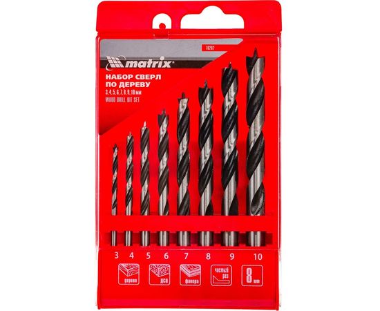 Набор сверл по дереву (8 шт; 3-4-5-6-7-8-9-10 мм) MATRIX 70282 – изображение 2