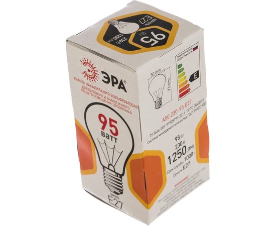 Лампа накаливания ЭРА A50, груша, 95Вт, 230В, Е27, цветная упаковка Б0039124 – изображение 3