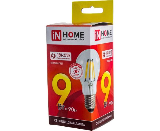 Светодиодная лампа IN HOME LED-A60-deco 9Вт 230В Е27 3000К 810Лм прозрачная 4690612008066 – изображение 4
