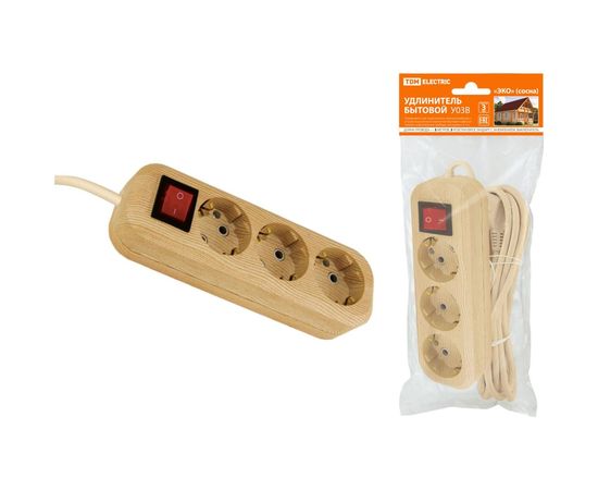 Бытовой удлинитель TDM У03В, 3 гнезда, 5метров, 2П+3, ПВС 3х1мм2 Эко сосна 16А/250В SQ1303-2102 
