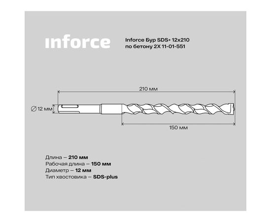 Бур по бетону 2X (12х210 мм; SDS+) Inforce 11-01-551 – изображение 4