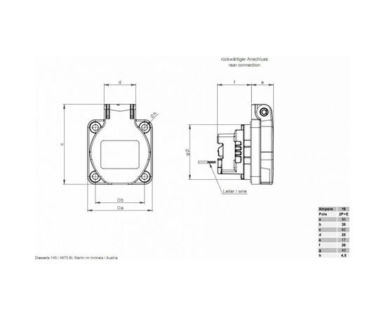 Встраиваемая розетка PCE 16A 220V 2P+E IP54 50х50 подключение сзади, черная 105-0s – изображение 7