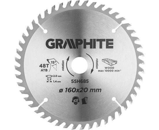 Диск пильный по дереву (160x20 мм; 48T; кольцо 16 мм; зуб 15 градусов ATB) Graphite 55H685 