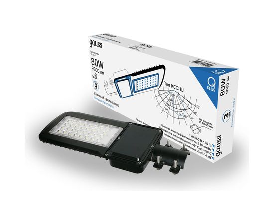 Уличный светильник GAUSS Qplus 80W 9600lm 5000K 120-260V IP65 455х180х49мм черный LED 1/6 629535380 
